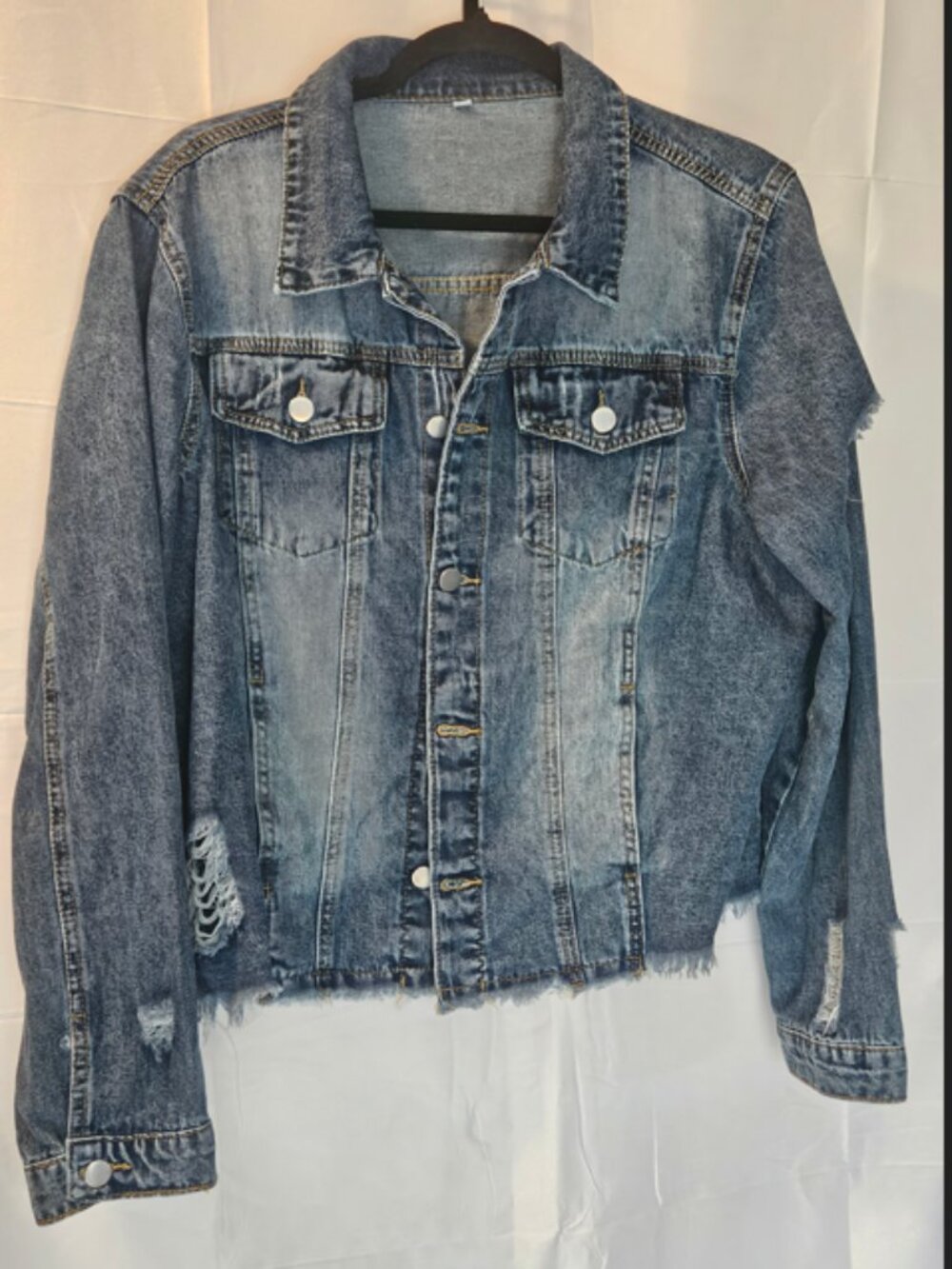 Women’s XL Distressed Denim Jacket Raw Hem Medium Wash Jean Jacket